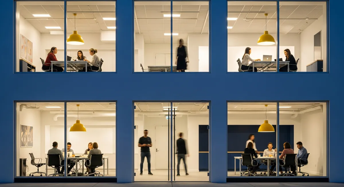 Equipa reunida em espaço moderno para desenvolvimento de projetos